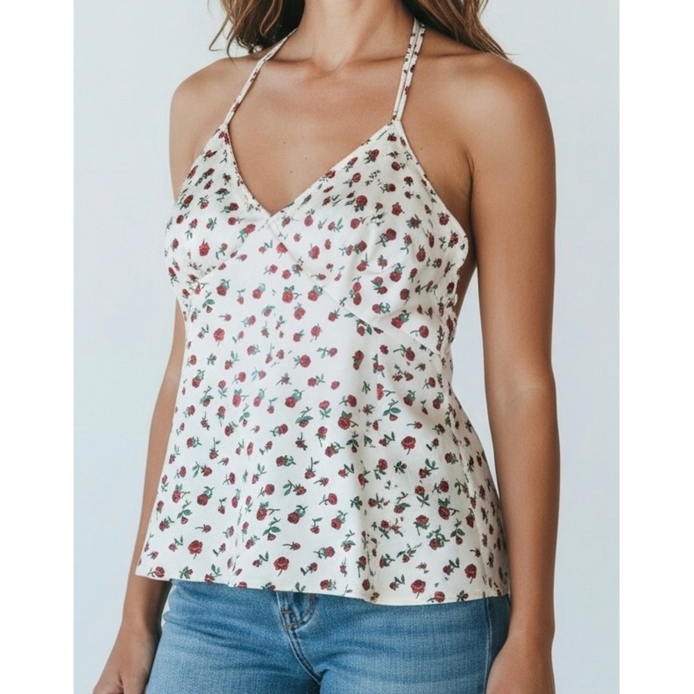 Rose Print Camisole A New Day Floral Strappy Peplum Y2K Romantic Tank Top L
